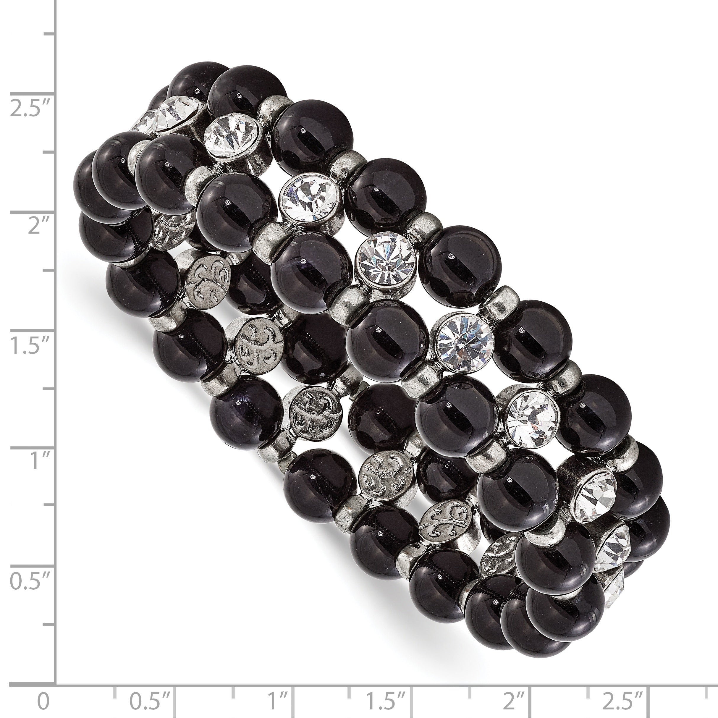 1928 Jewelry Silver-tone and Black Beads with Clear Glass Stones Stretch Bracelet