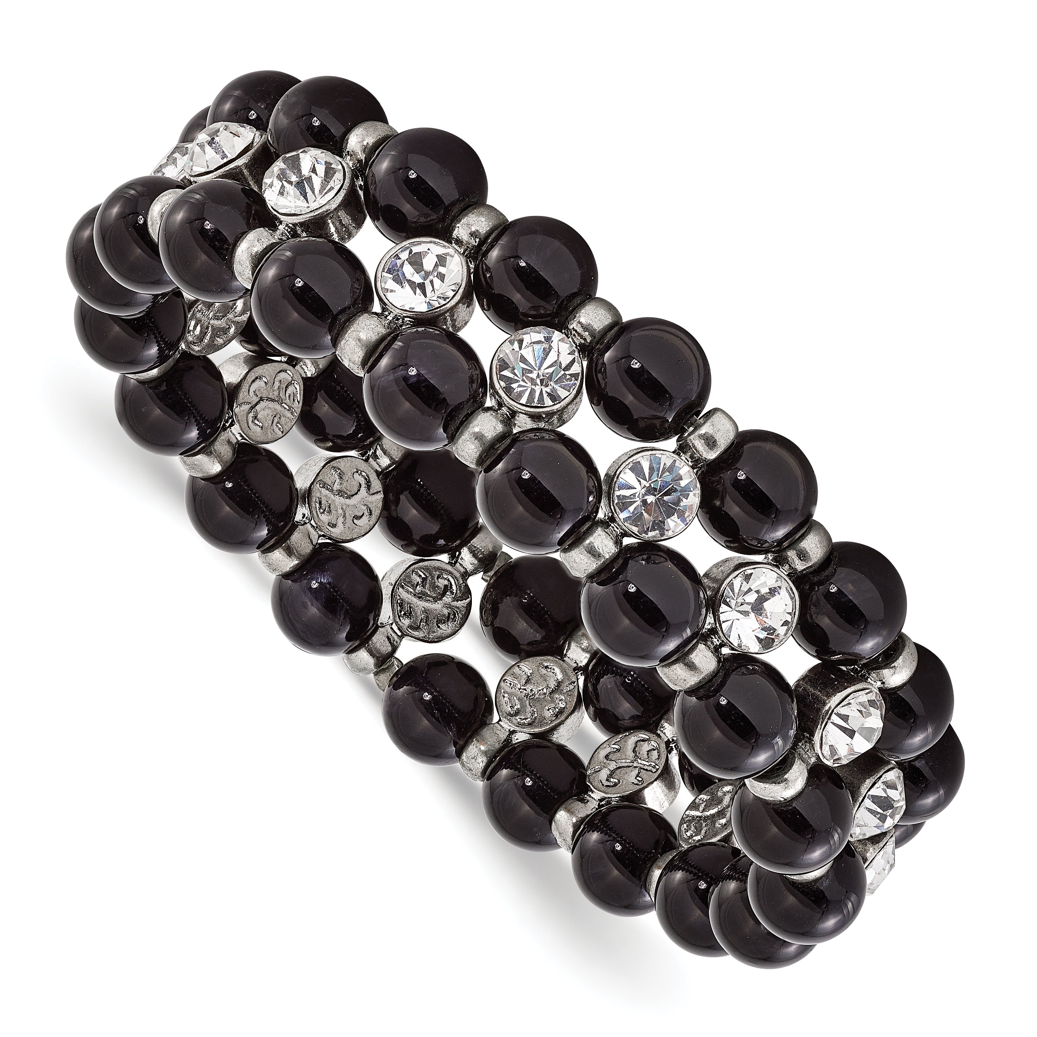 1928 Jewelry Silver-tone and Black Beads with Clear Glass Stones Stretch Bracelet