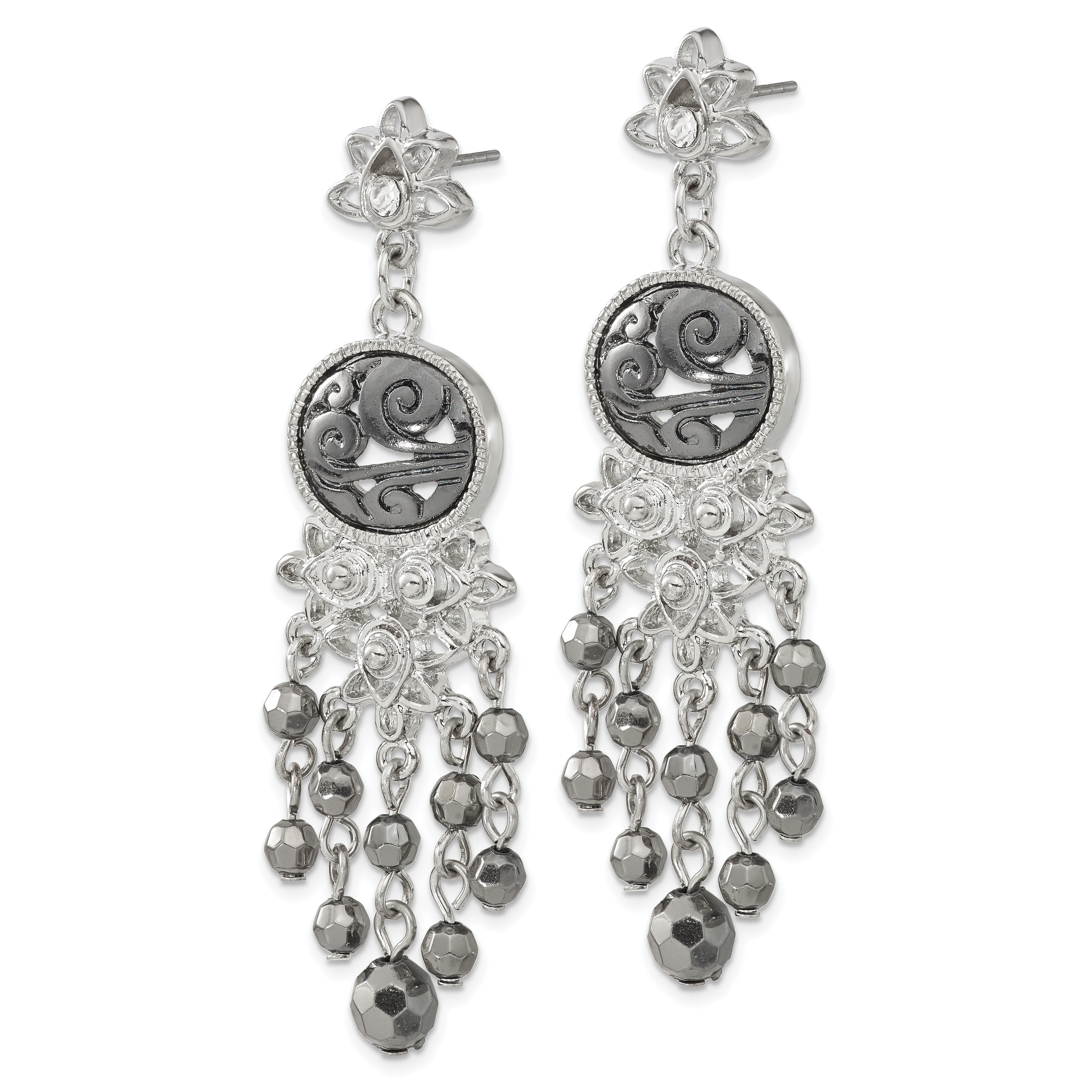 Silver-Tone & Black-Plated Filigree Dangle Earrings with Hematite Beads, 64mm