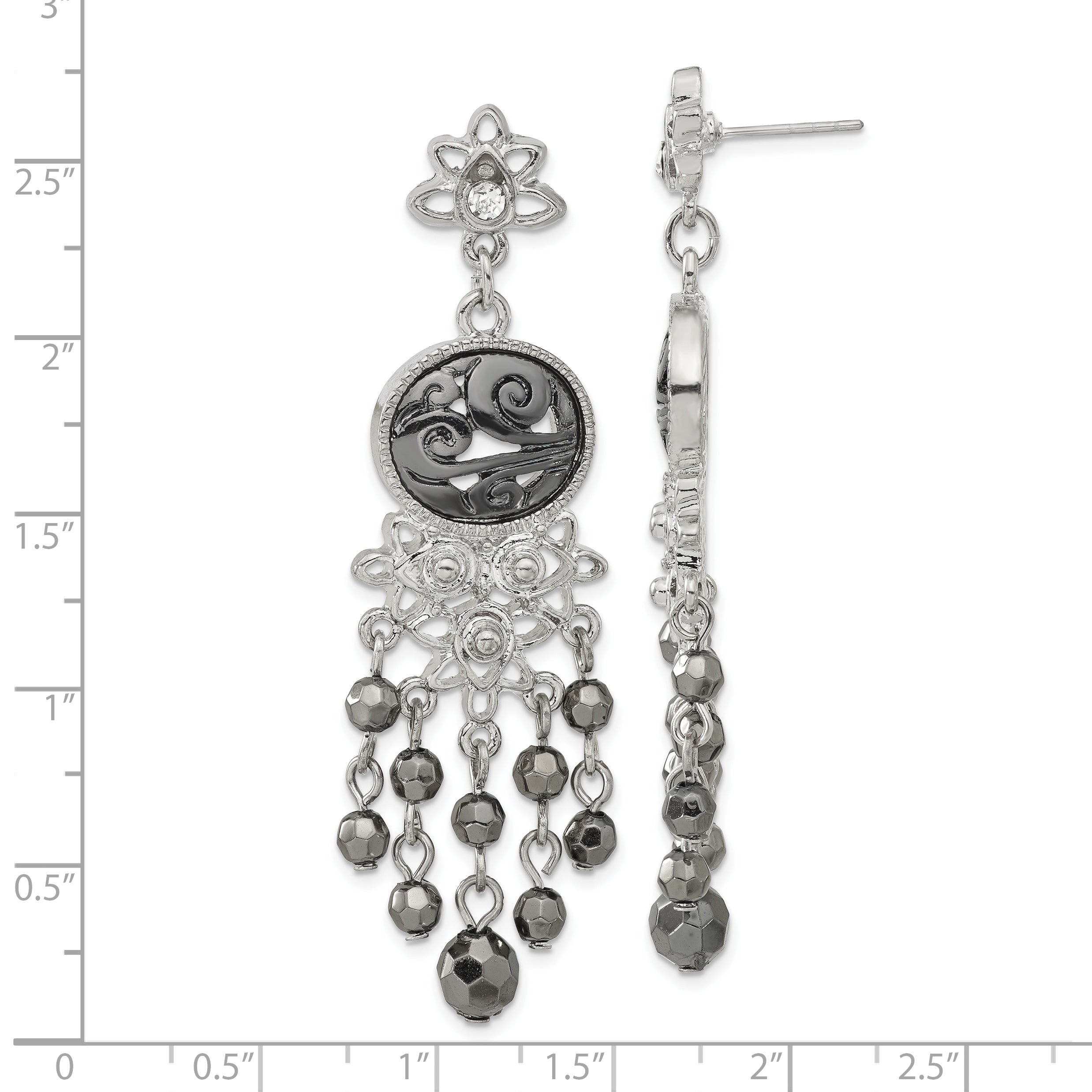 Silver-Tone & Black-Plated Filigree Dangle Earrings with Hematite Beads, 64mm