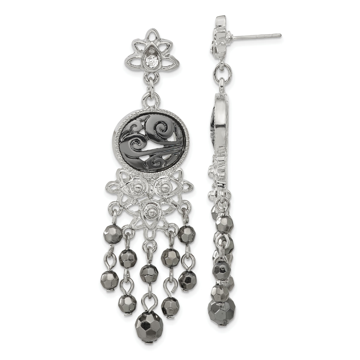 1928 Jewelry Silver-tone & Black-plated Filigree Clear and Hematite Faceted Acrylic Beads Long Dangle Post Earrings