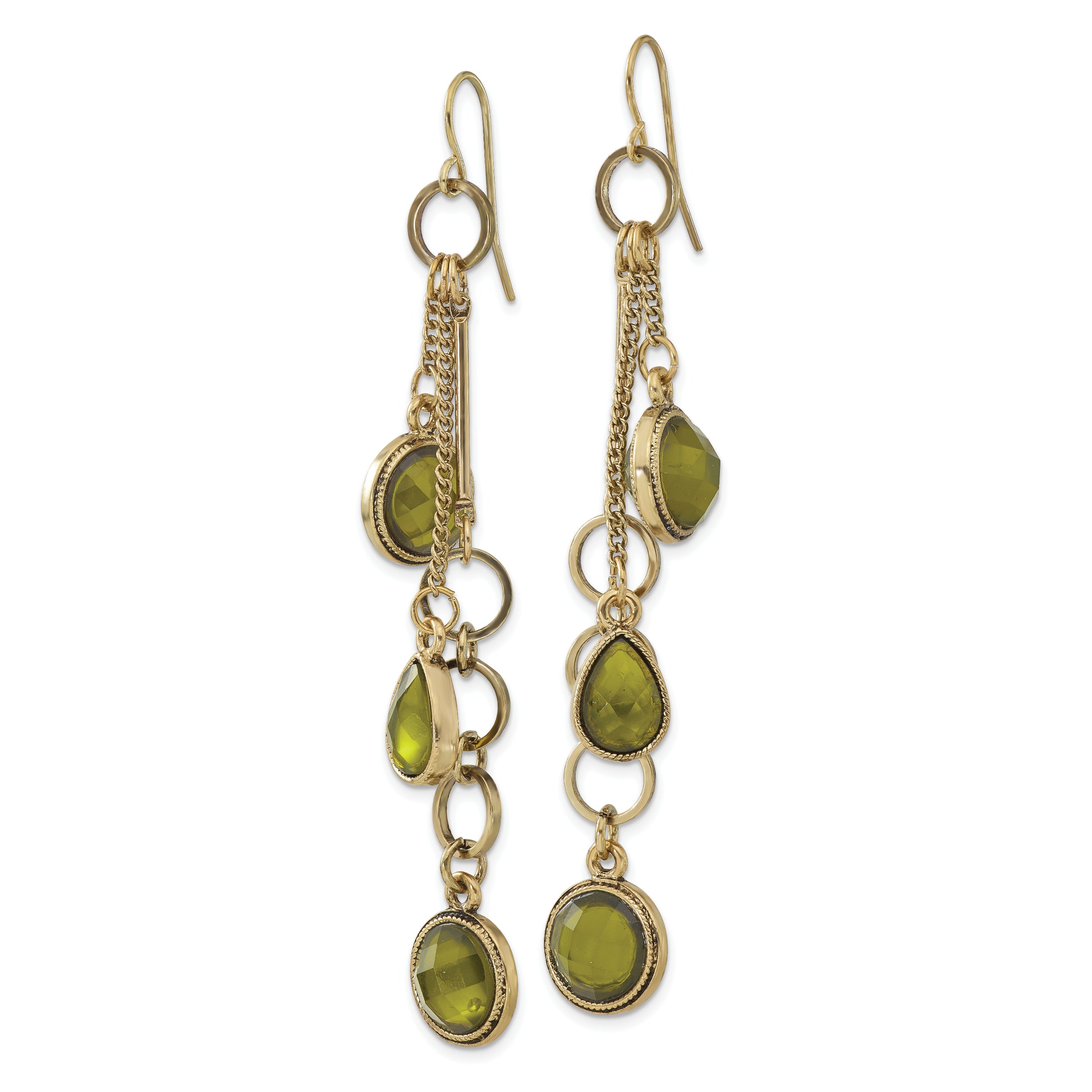 Brass-Tone Green Crystal Dangle Earrings with Checkered Texture Vintage Inspired