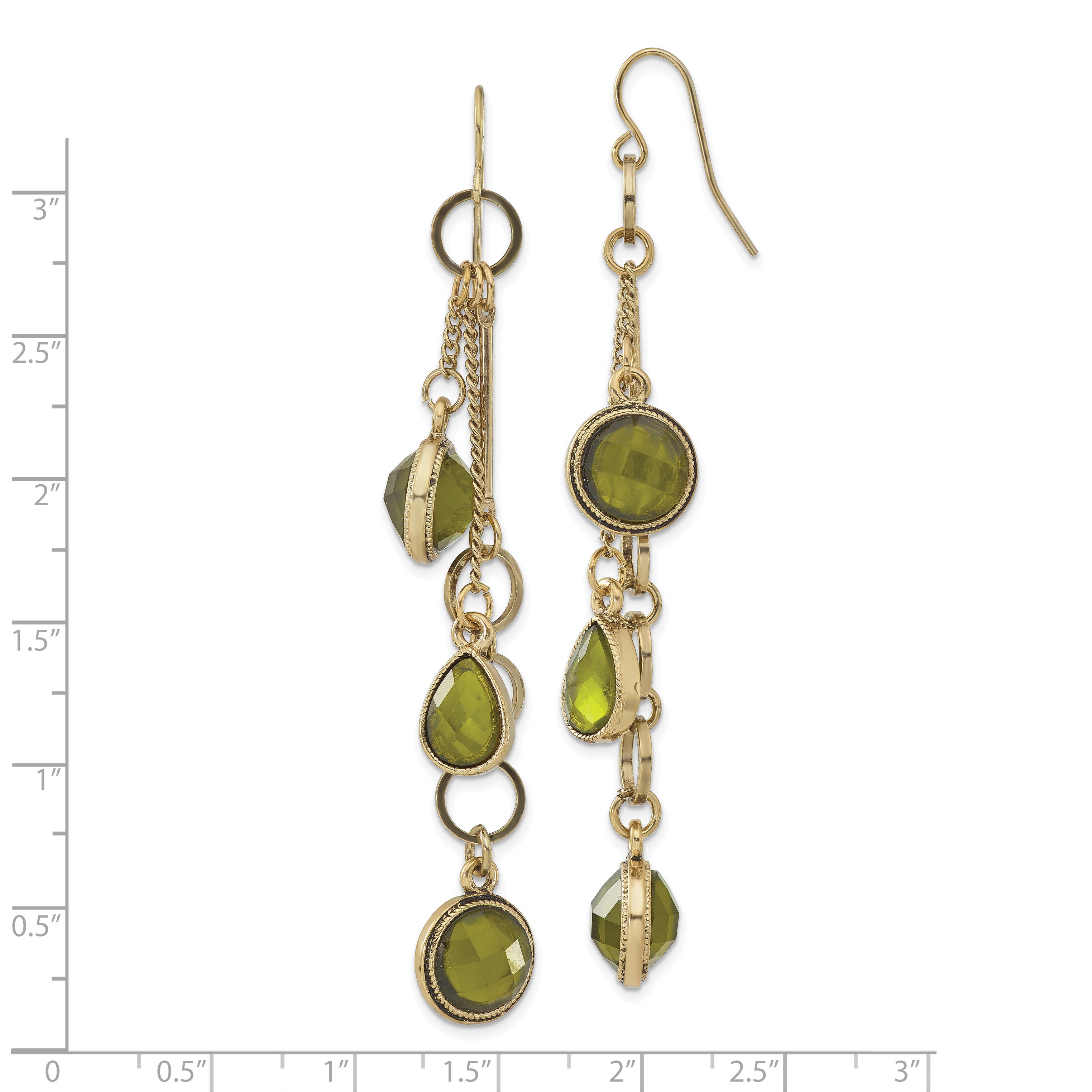 Brass-Tone Green Crystal Dangle Earrings with Checkered Texture Vintage Inspired