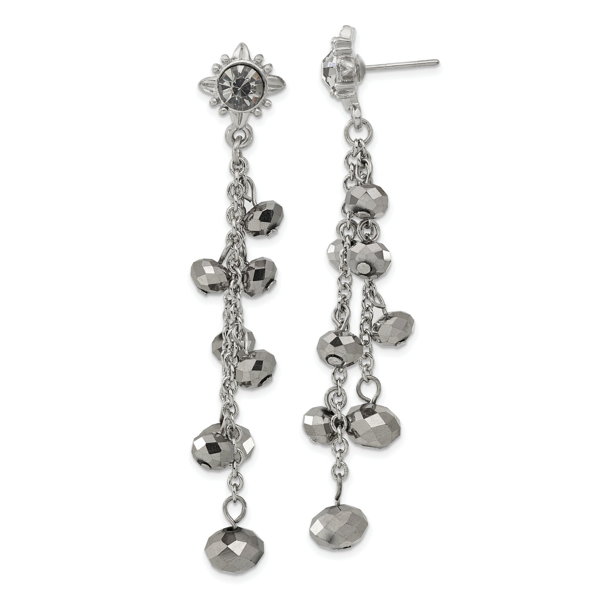 1928 Jewelry Silver-tone Hematite Glass Stone and Faceted Beads Cluster Long Dangle Post Earrings