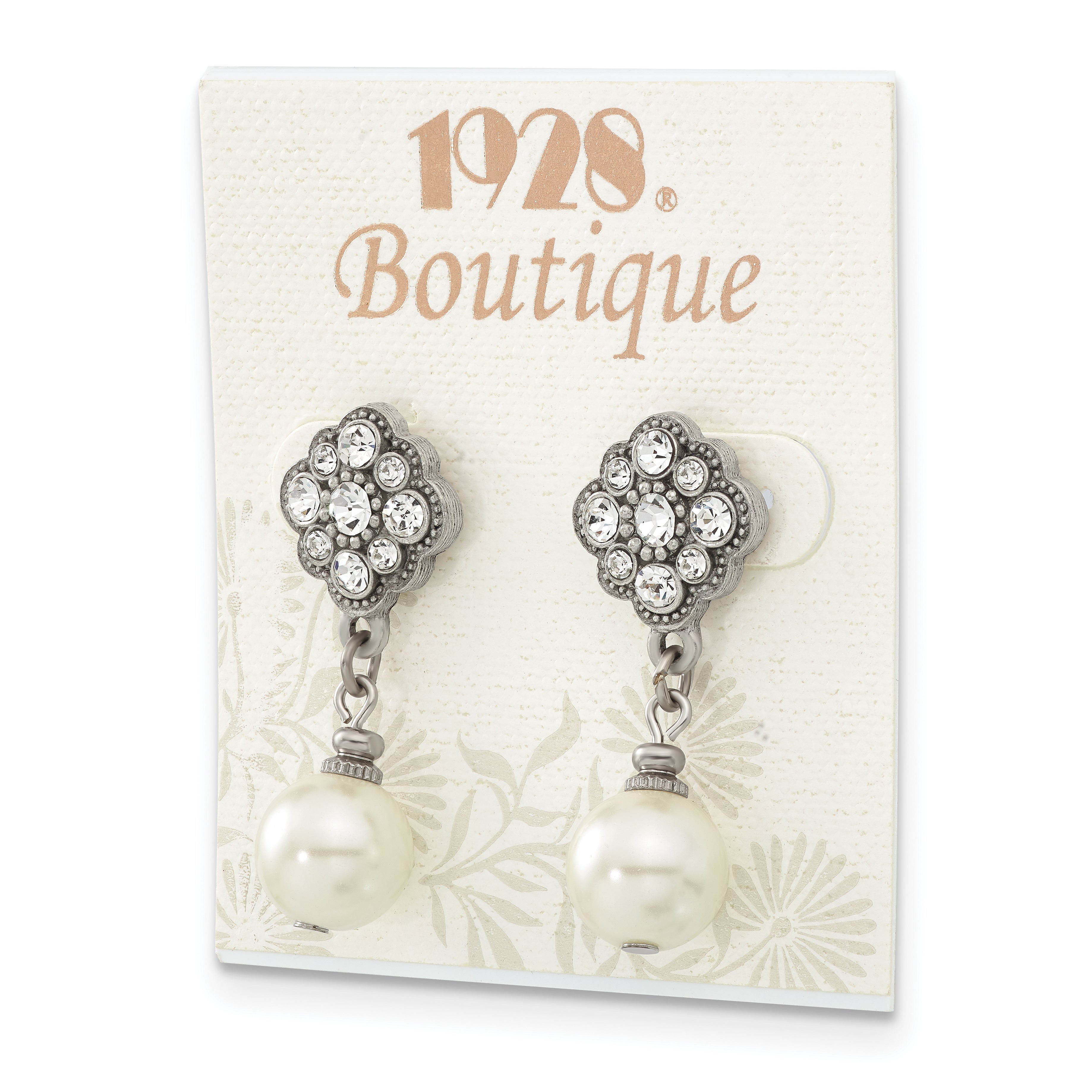 1928 Silver-tone 10mm Cultura Imitation Pearl and Crystal Dangle Earrings