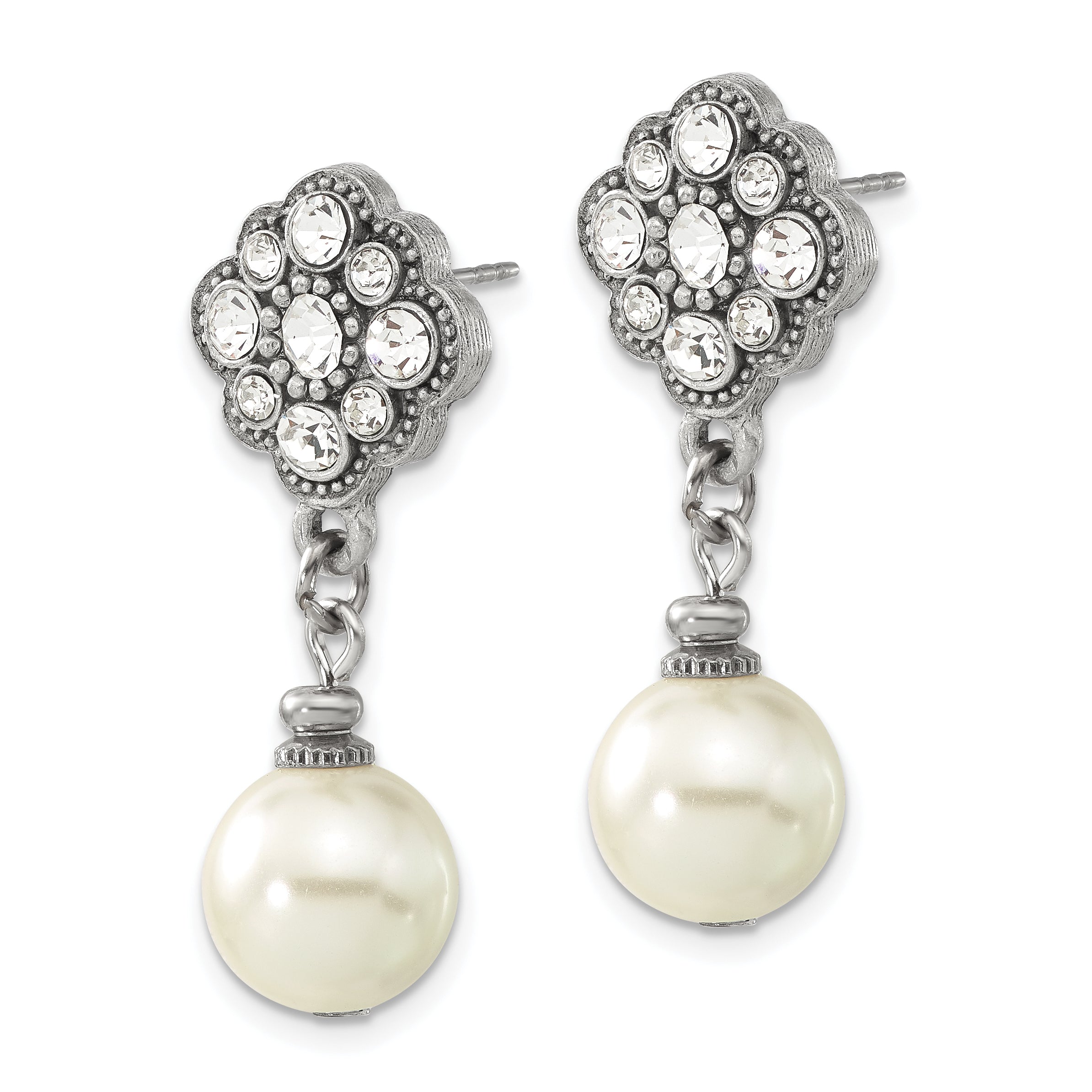 1928 Silver-tone 10mm Cultura Imitation Pearl and Crystal Dangle Earrings