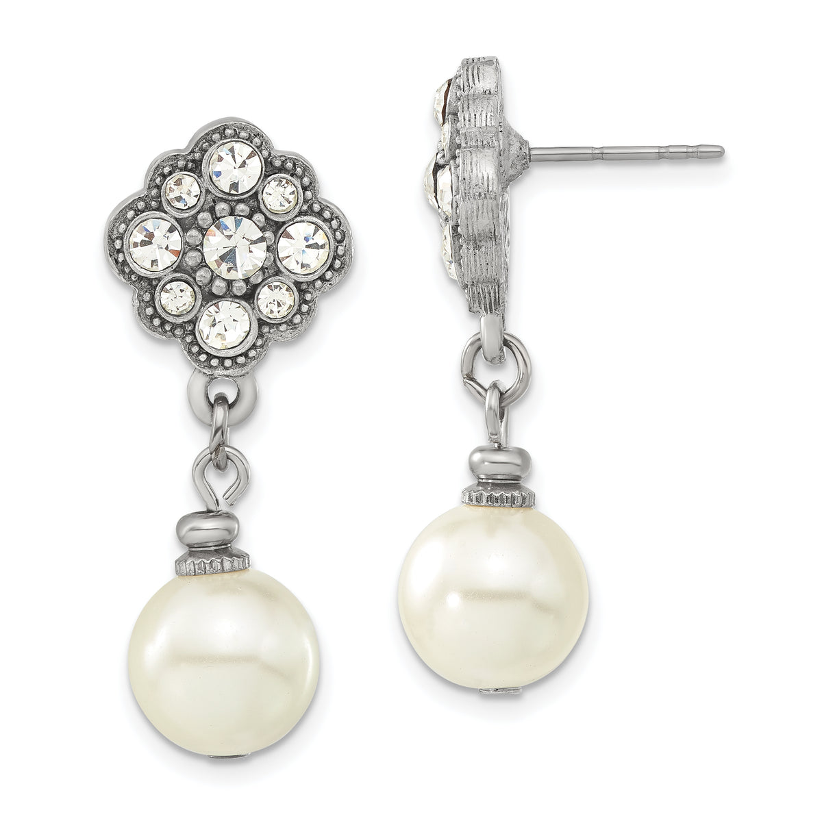 1928 Silver-tone 10mm Cultura Imitation Pearl and Crystal Dangle Earrings