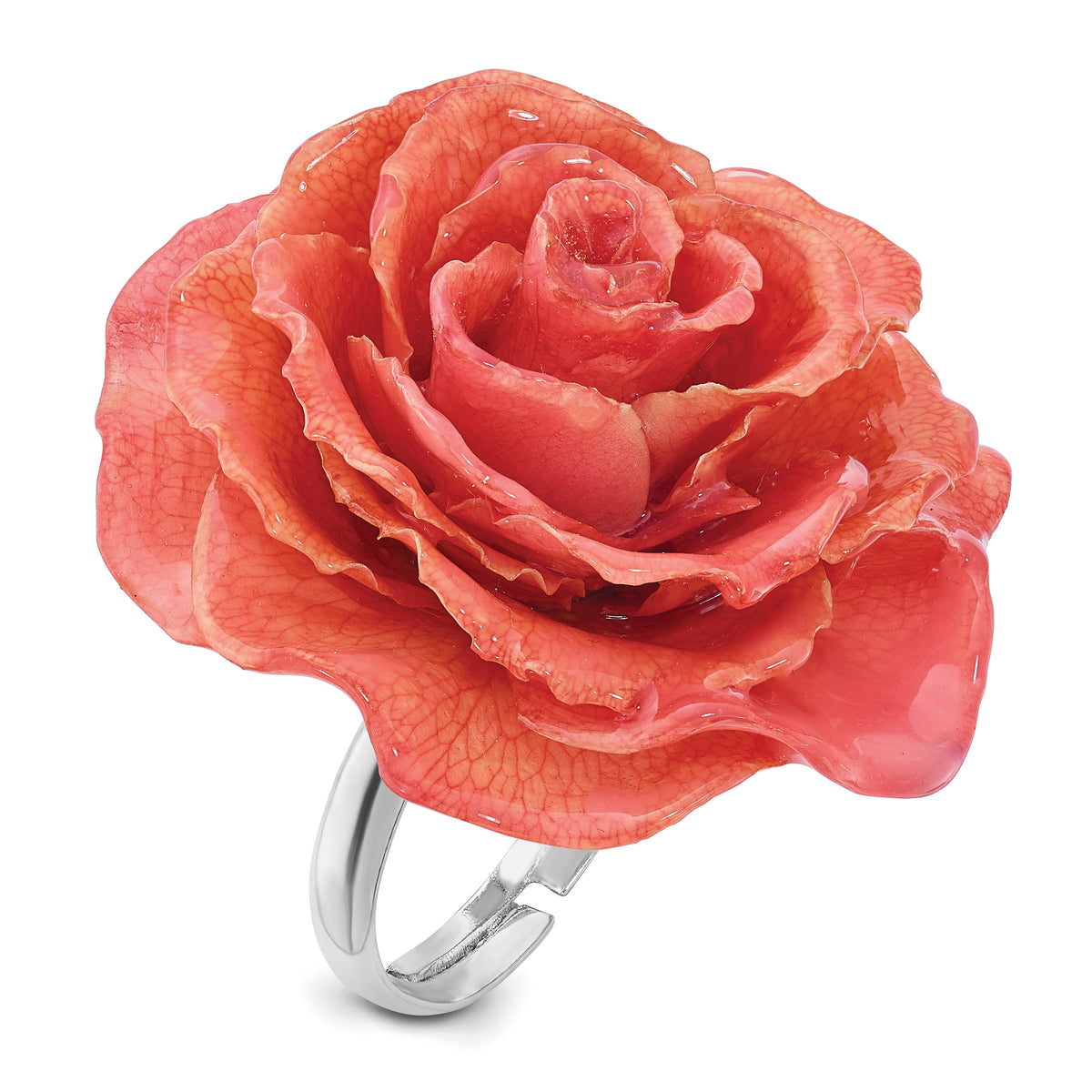 Lacquer Dipped Pink Real Rose Adjustable Silver-tone Ring