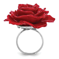 Lacquer Dipped Red Real Rose Adjustable Silver-tone Ring