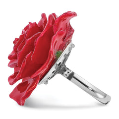 Lacquer Dipped Red Real Rose Adjustable Silver-tone Ring