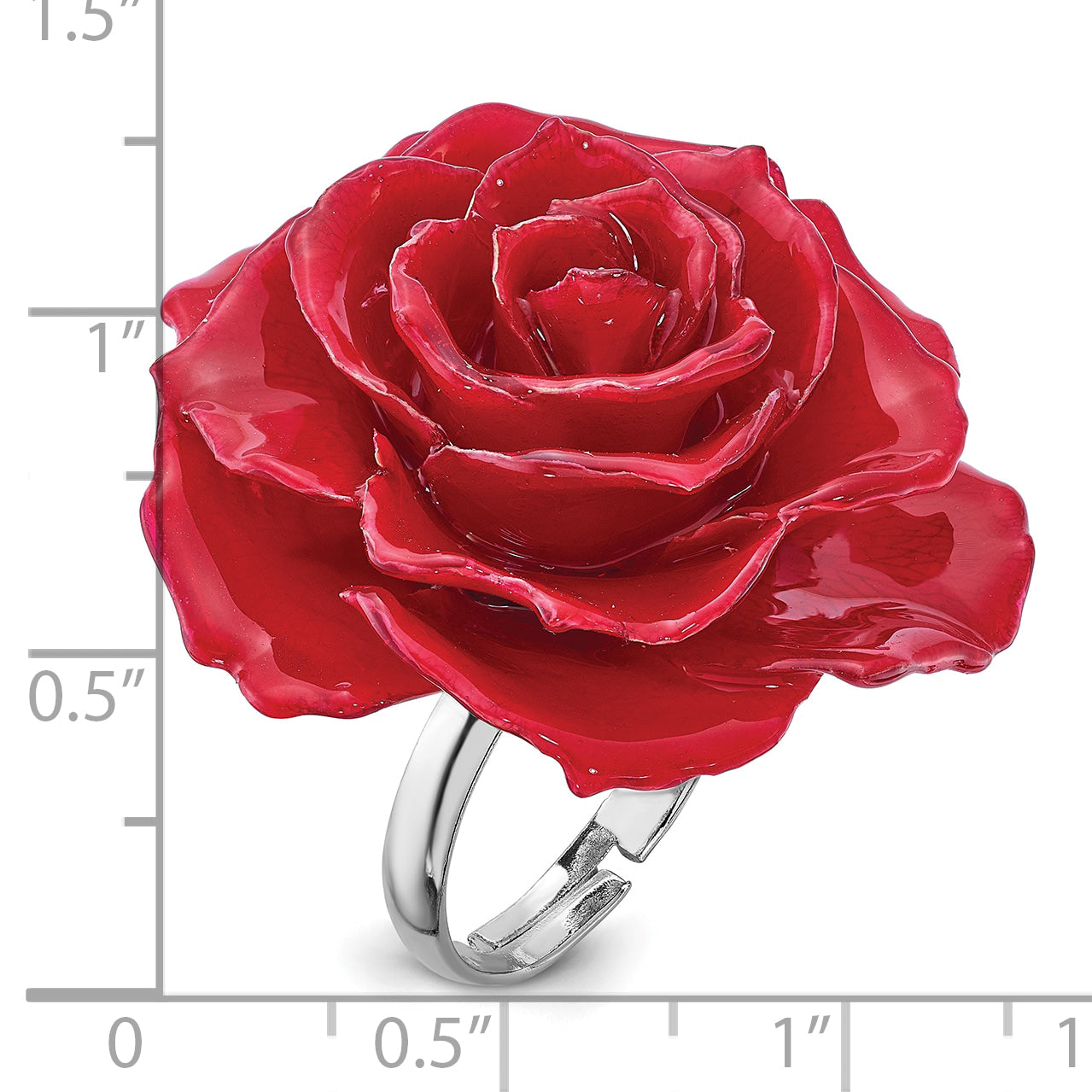 Lacquer Dipped Red Real Rose Adjustable Silver-tone Ring