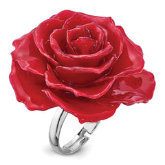 Lacquer Dipped Red Real Rose Adjustable Silver-tone Ring