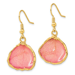 24k Gold-trim Lacquer Dipped Pink Real Rose Petal Gold-tone Dangle Wire Earrings