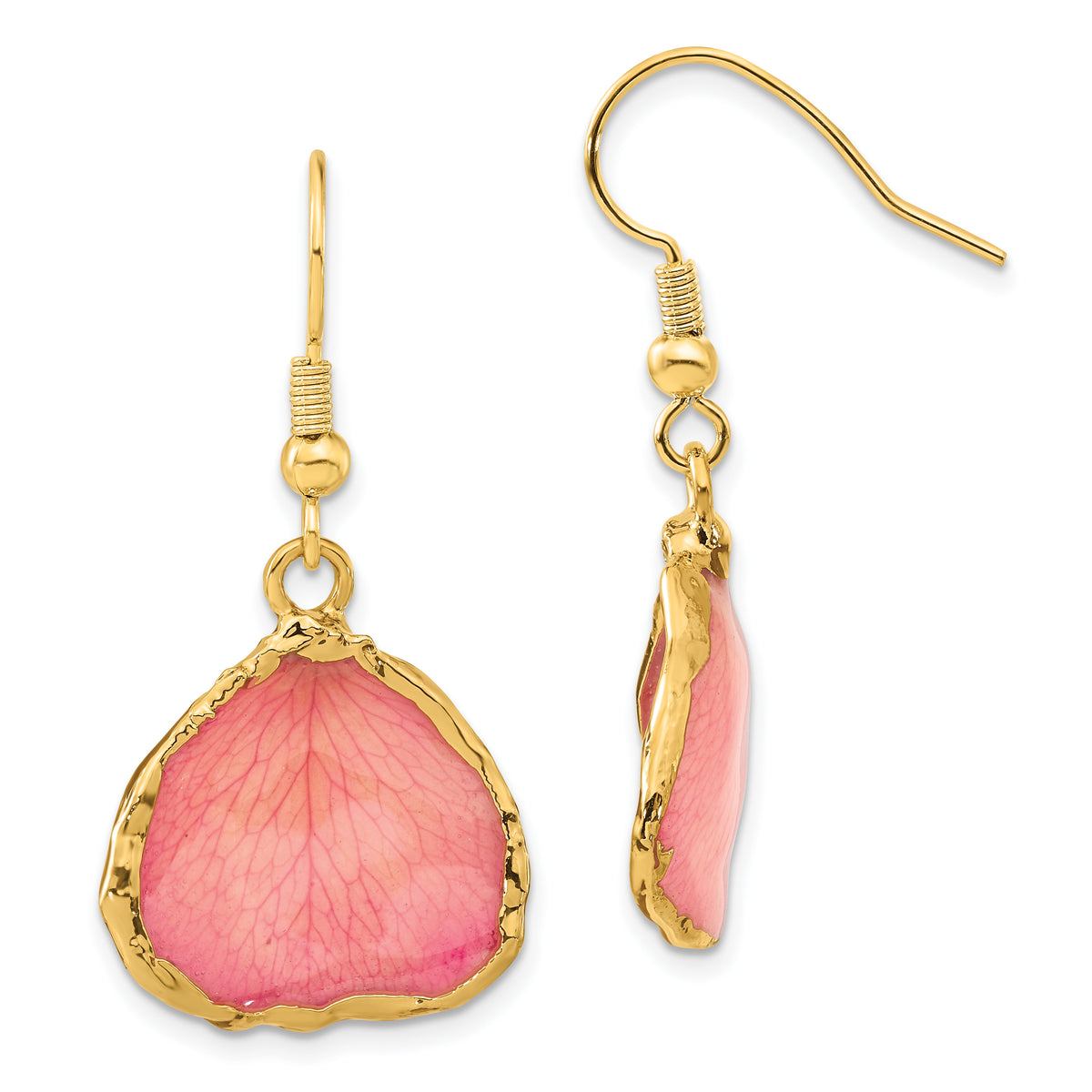 24k Gold-trim Lacquer Dipped Pink Real Rose Petal Gold-tone Dangle Wire Earrings