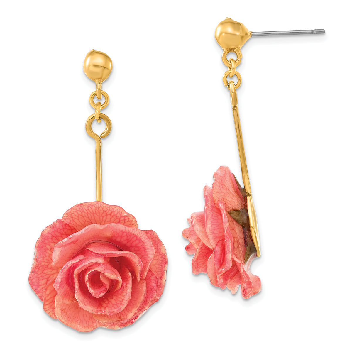 Lacquer Dipped Pink Real Rose Gold-tone Dangle Post Earrings