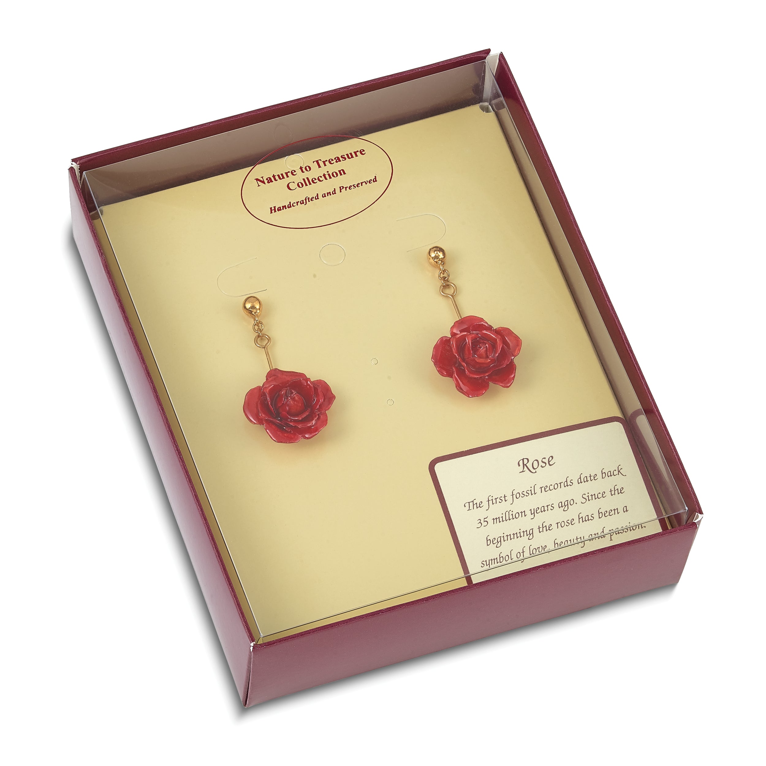 Lacquer Dipped Rose Gold Tone Dangle Earrings with Real Rose in Gift Box