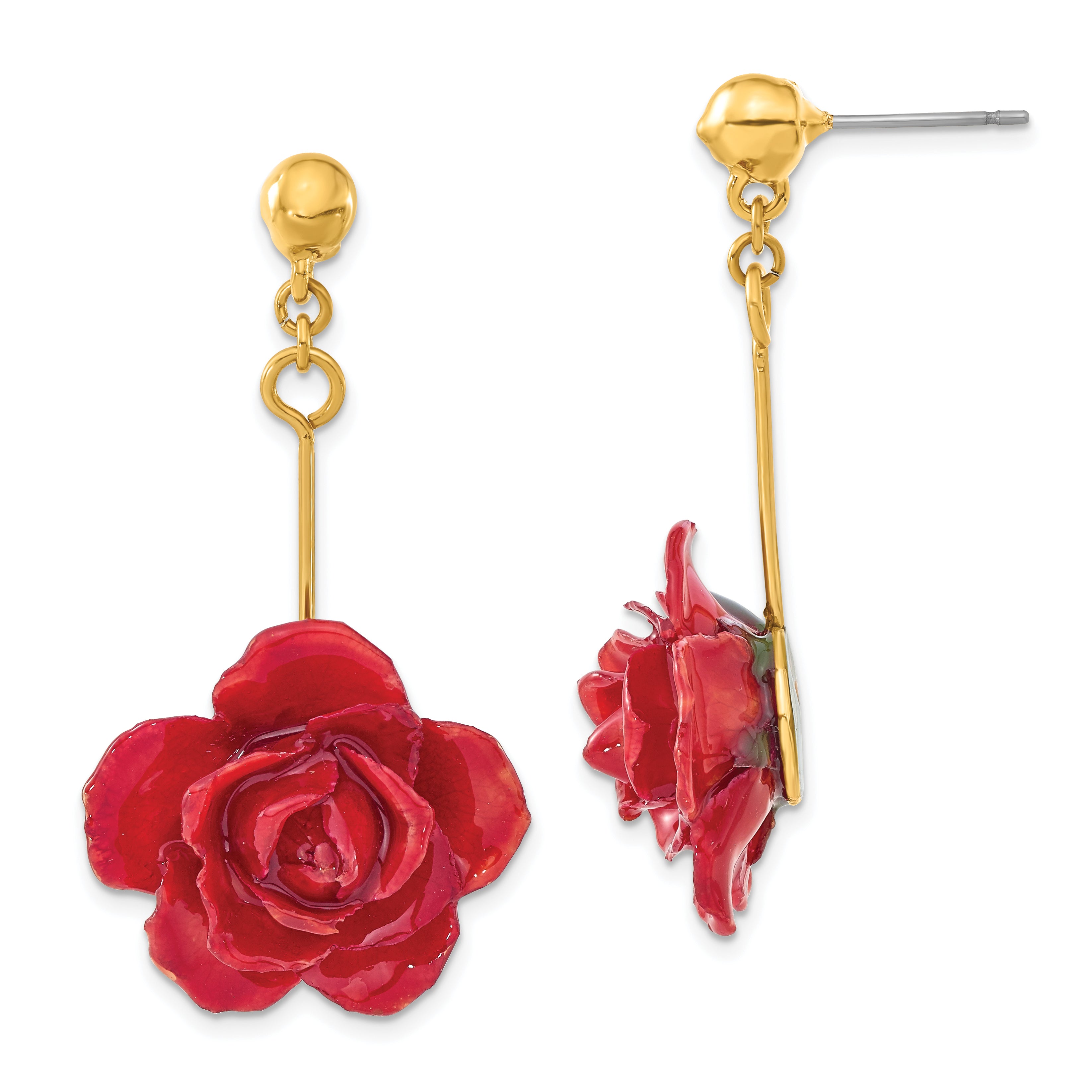 Lacquer Dipped Red Real Rose Gold-tone Dangle Post Earrings