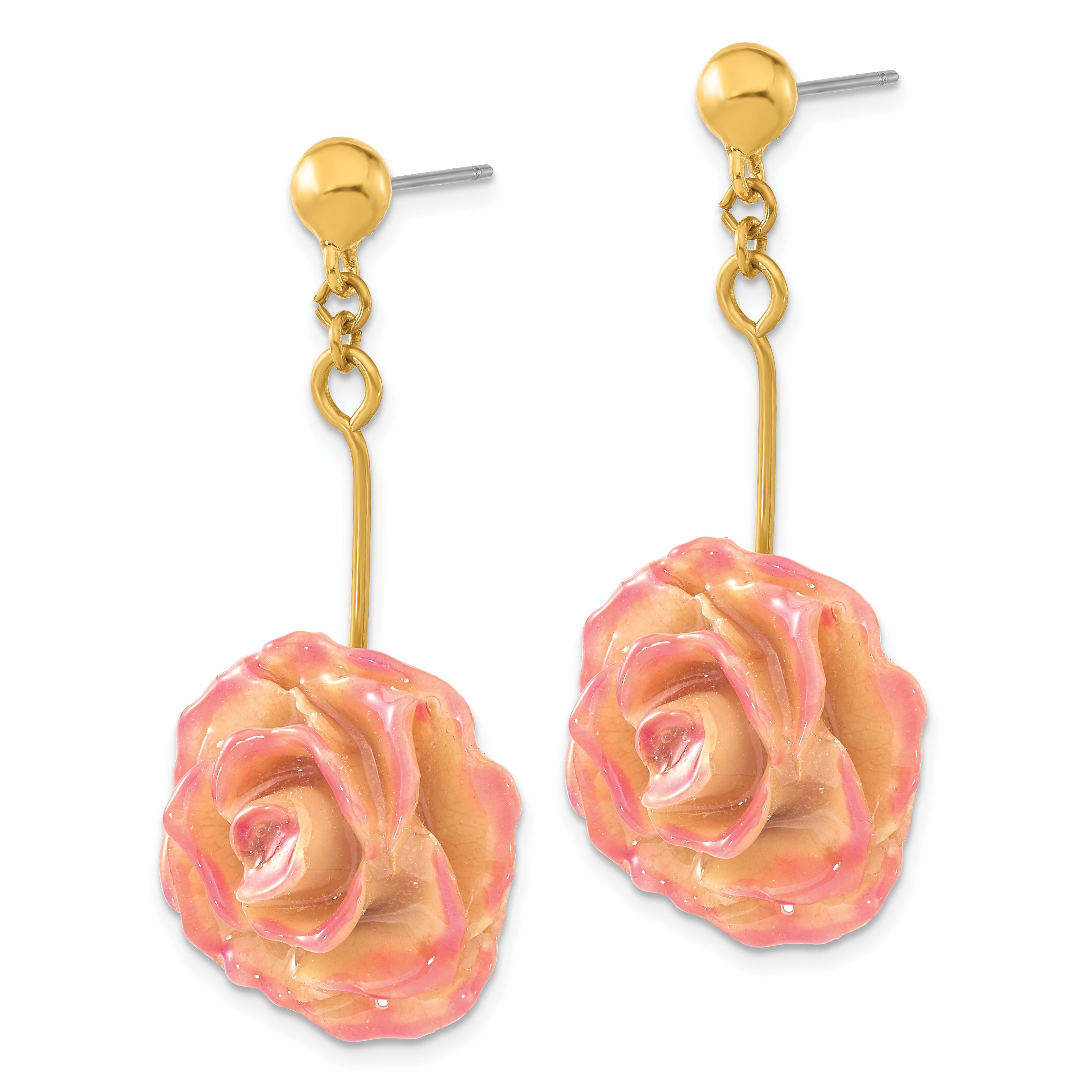 Lacquer Dipped Real Rose Gold-Tone Dangle Earrings in Cream and Fuchsia Gift-Ready