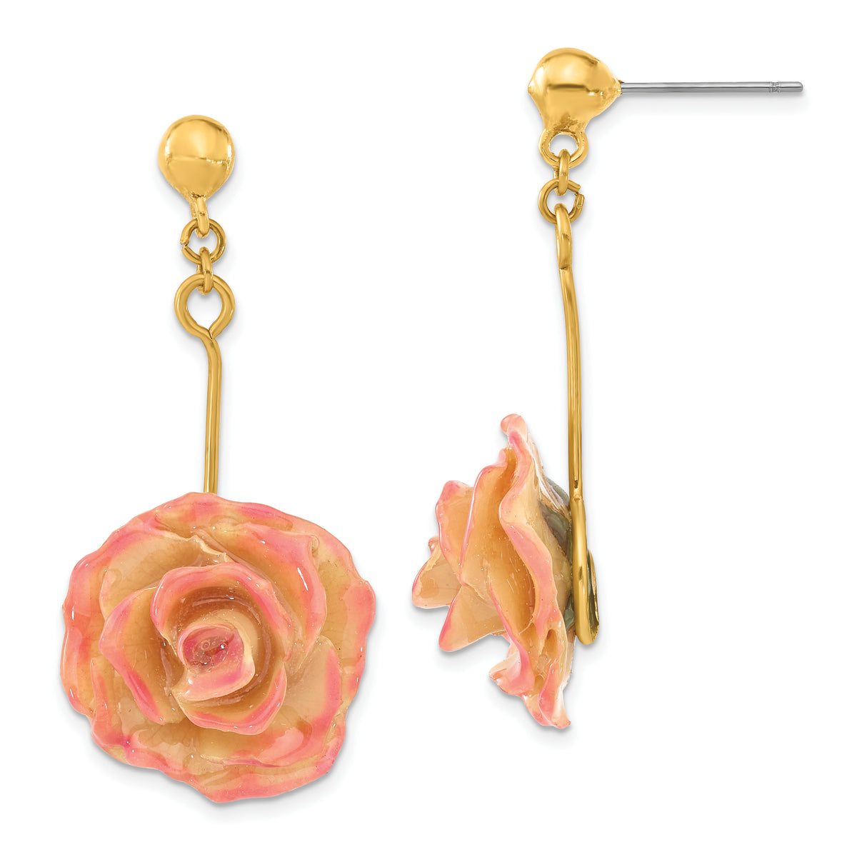 Lacquer Dipped Cream and Fuchsia Real Rose Gold-tone Dangle Post Earrings