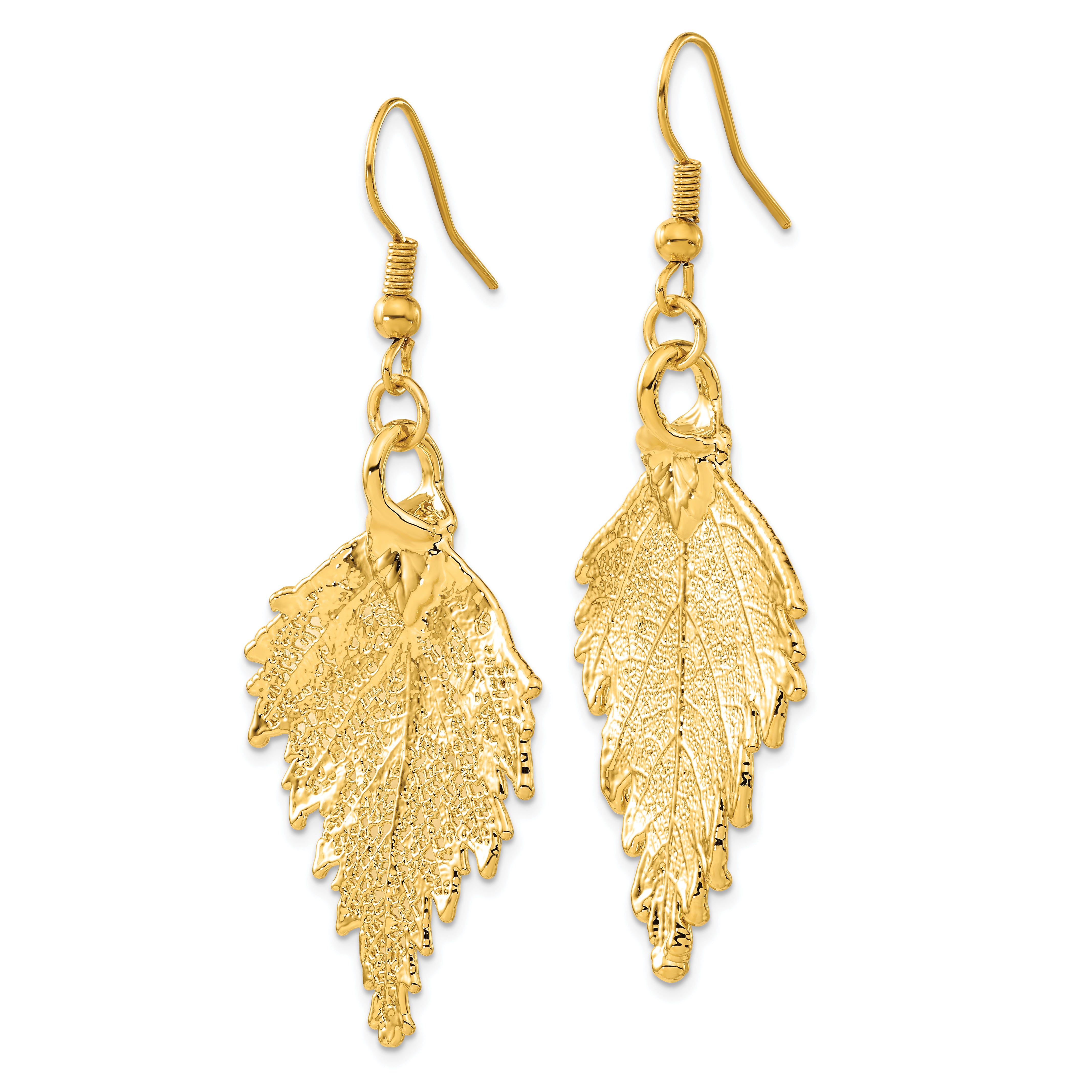 24k Gold Dipped Real Birch Leaf Gold-tone Shepherd Hook Dangle Earrings