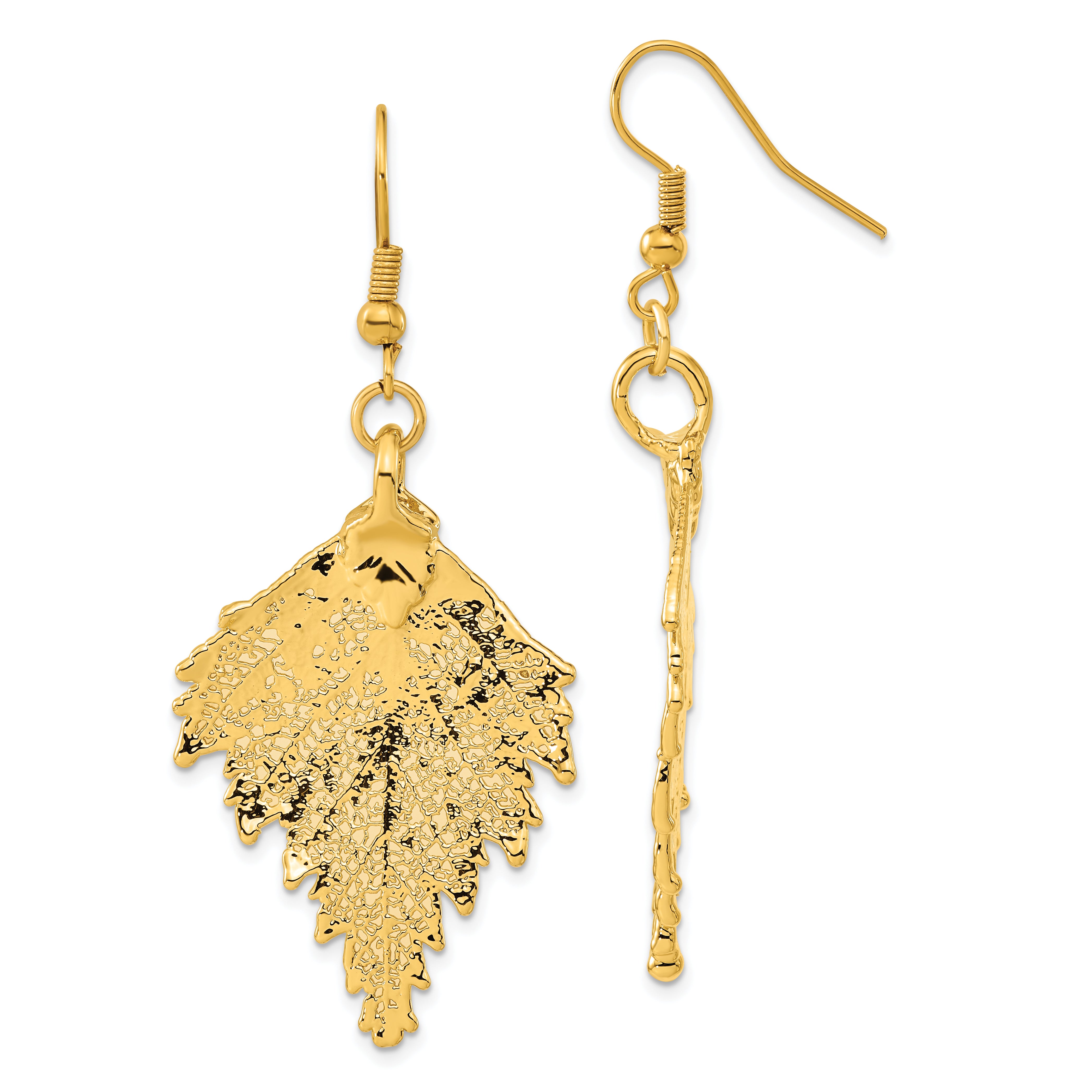 24k Gold Dipped Real Birch Leaf Gold-tone Shepherd Hook Dangle Earrings