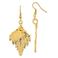 24k Gold Dipped Real Birch Leaf Gold-tone Shepherd Hook Dangle Earrings