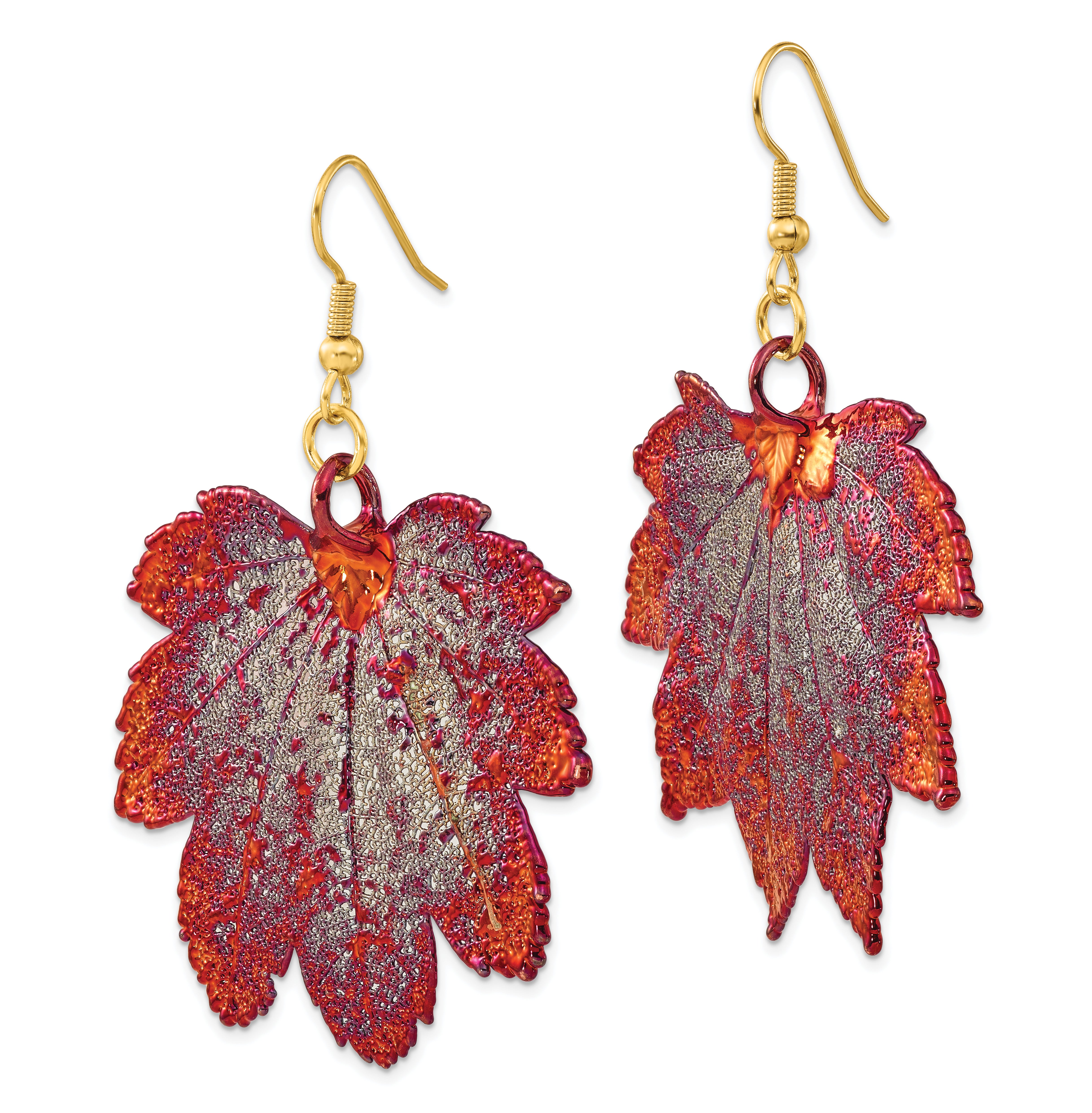 Real Moon Maple Leaf Copper Dipped Dangle Earrings in Gift Box by Sophia Jewelers