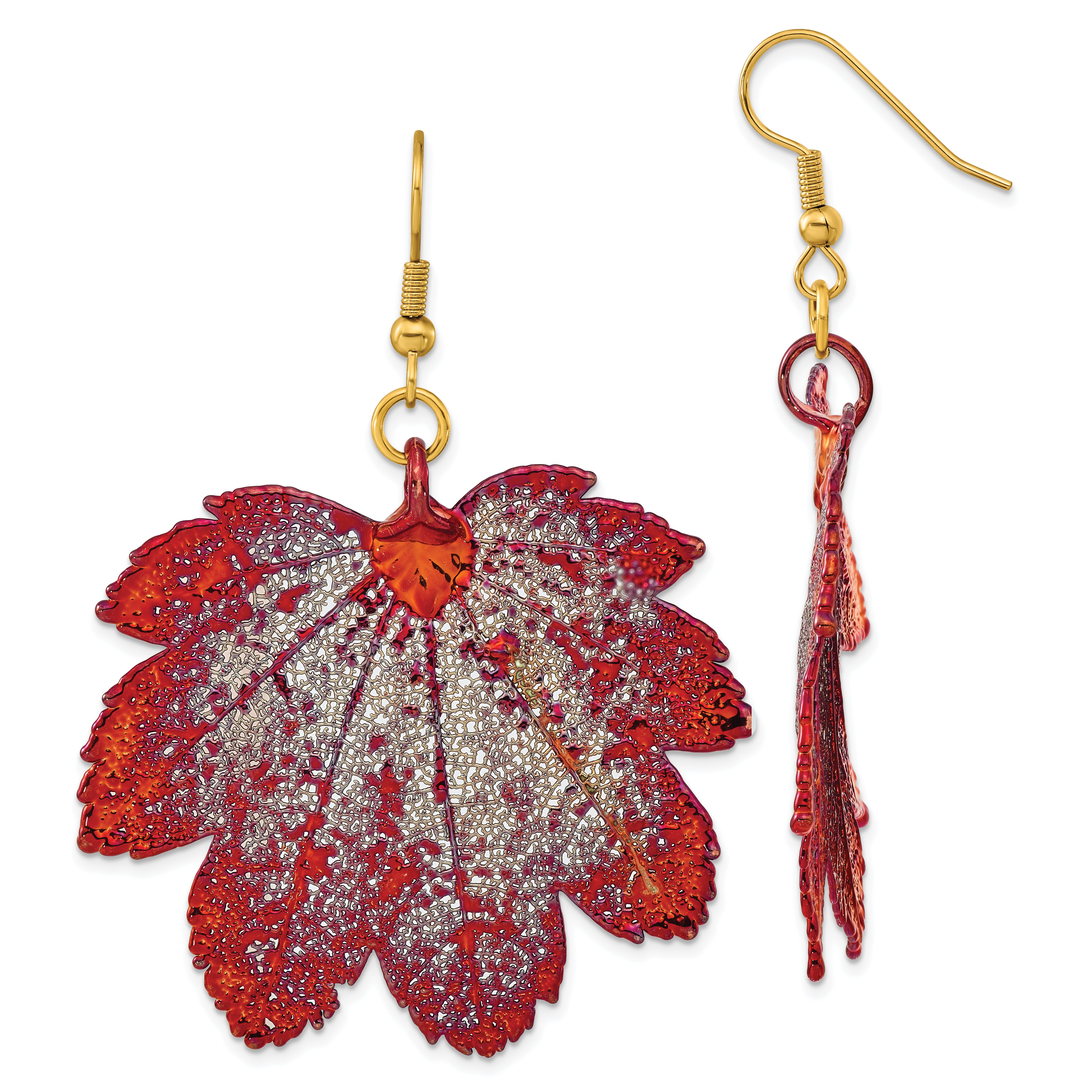 Iridescent Copper Dipped Real Full Moon Maple Leaf Gold-tone Shepherd Hook Dangle Earrings