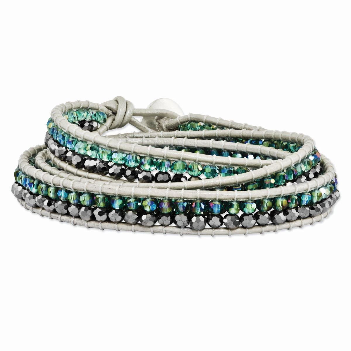 Green Aurora Borealis/Grey Crystal Bead Leather Multi-wrap Bracelet