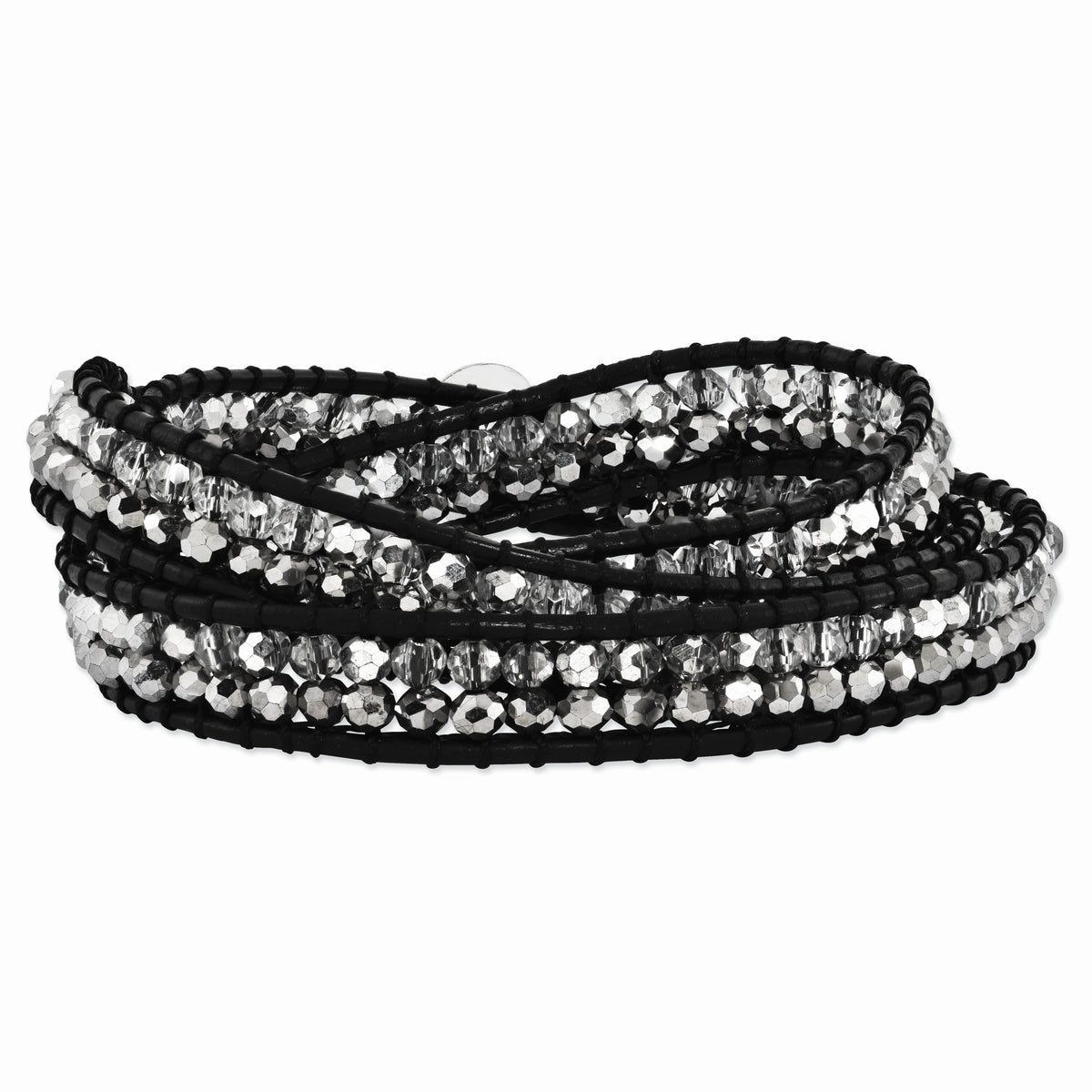 Grey and Clear Crystal Bead and Leather Multi-wrap Bracelet