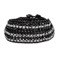 Black Aurora Borealis/Grey Crystal Bead/Leather Multi-wrap Bracelet