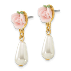 Gold-Tone Dangle Earrings with Porcelain Rose and Simulated Pearls, Vintage-Inspired