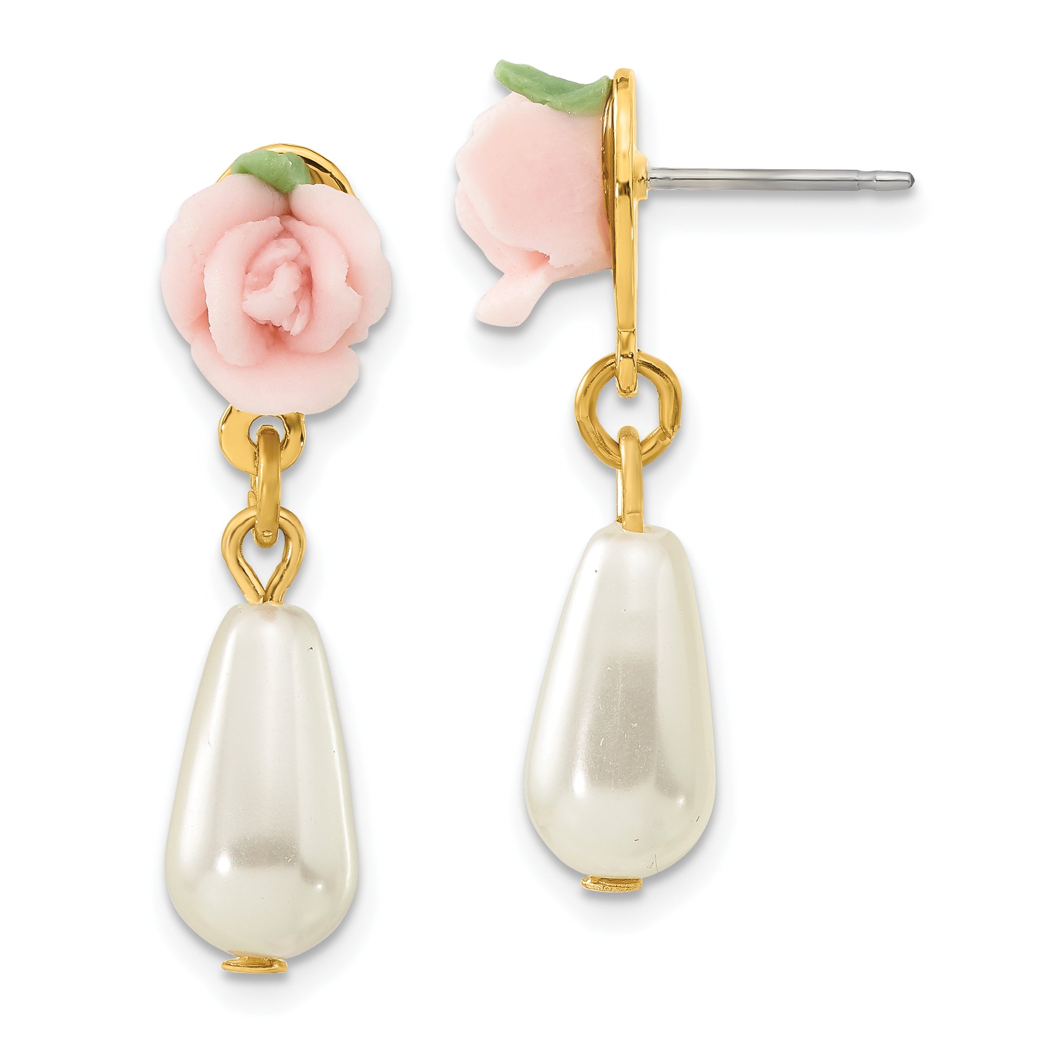 1928 Gold-tone Porcelain Rose and Simulated Pearl Post Dangle Earrings