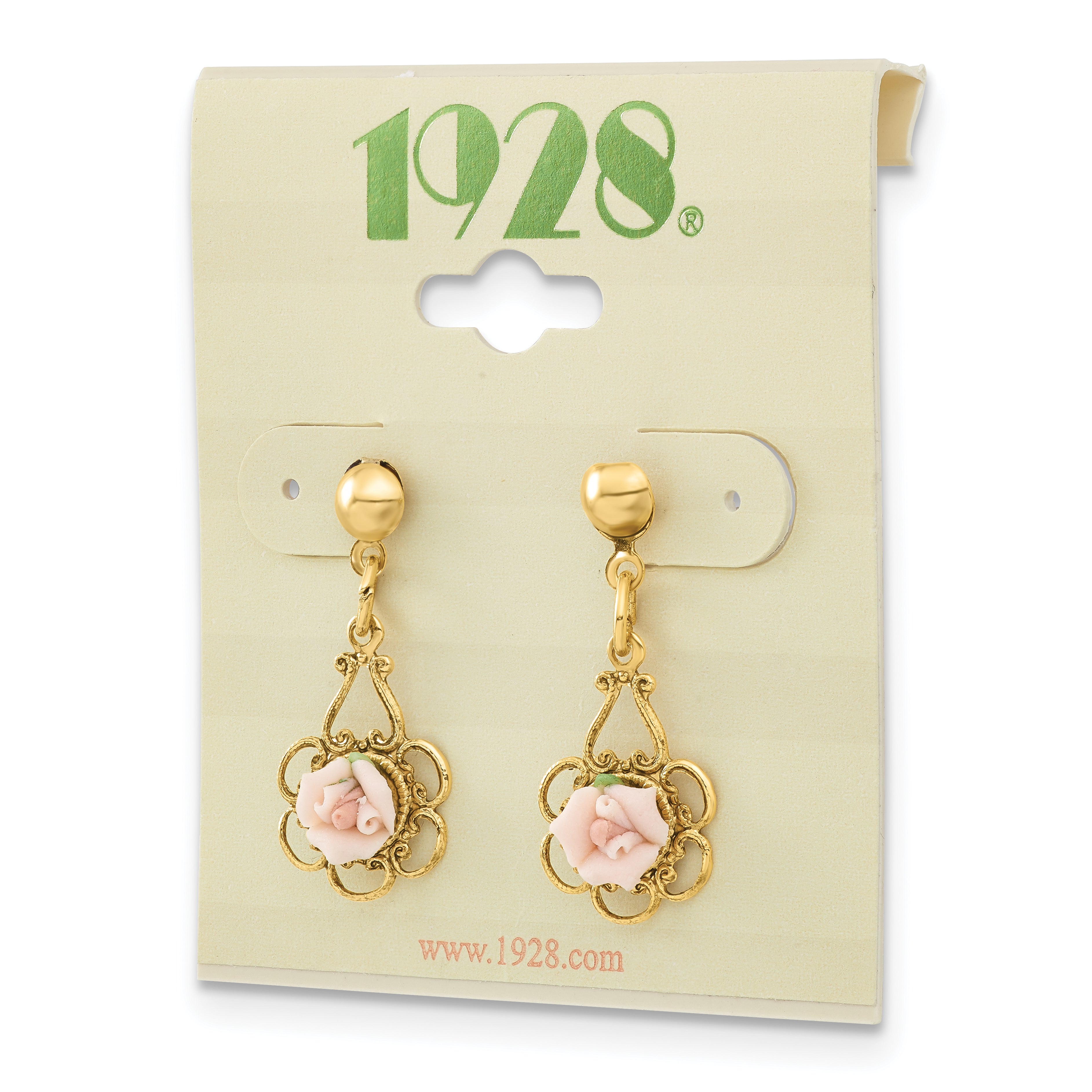 Gold-Tone Filigree Pink Porcelain Rose Dangle Earrings Vintage-Inspired Elegance