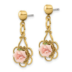 Gold-Tone Filigree Pink Porcelain Rose Dangle Earrings Vintage-Inspired Elegance