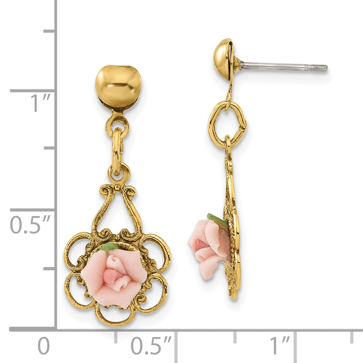 Gold-Tone Filigree Pink Porcelain Rose Dangle Earrings Vintage-Inspired Elegance