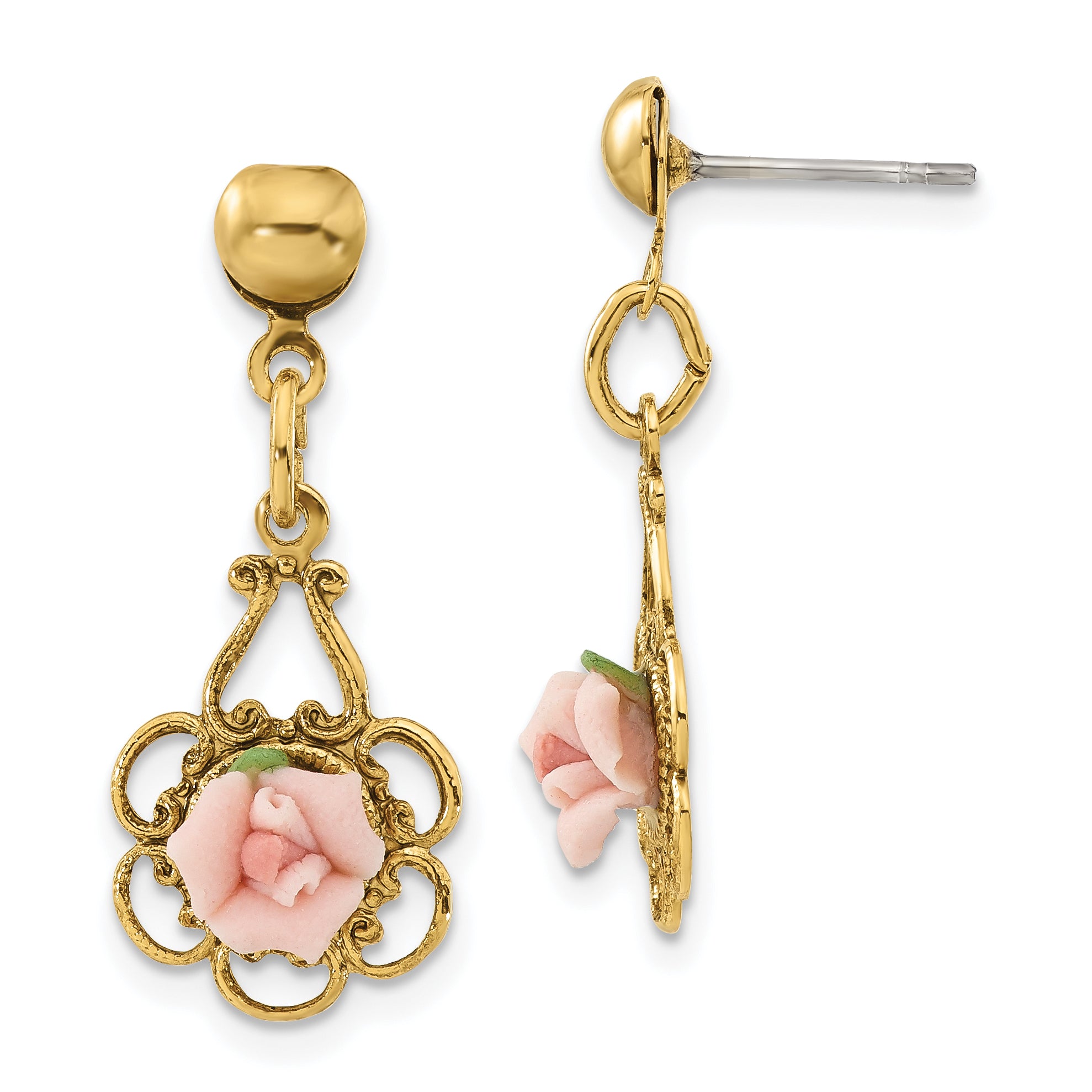 1928 Jewelry Gold-tone Filigree Pink Porcelain Rose Dangle Post Earrings