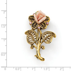 Gold-tone Pink Porcelain Rose/Pink Crystal Pin Brooch