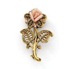 1928 Gold-tone Pink Porcelain Rose and Pink Crystal Flower Pin Brooch