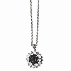 Silver-tone Crystal & Black Enamel Flower 16in w/3in ext Necklace