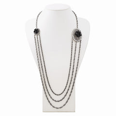 Silver-tone Black Flowers & Clear Crystal Layered 36in Necklace