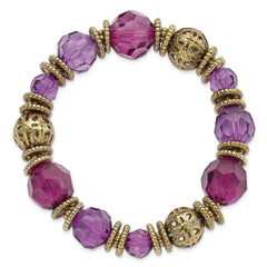 1928 Jewelry Gold-tone Textured Patterned Beads and Purple Faceted Acrylic Beads Stretch Bracelet