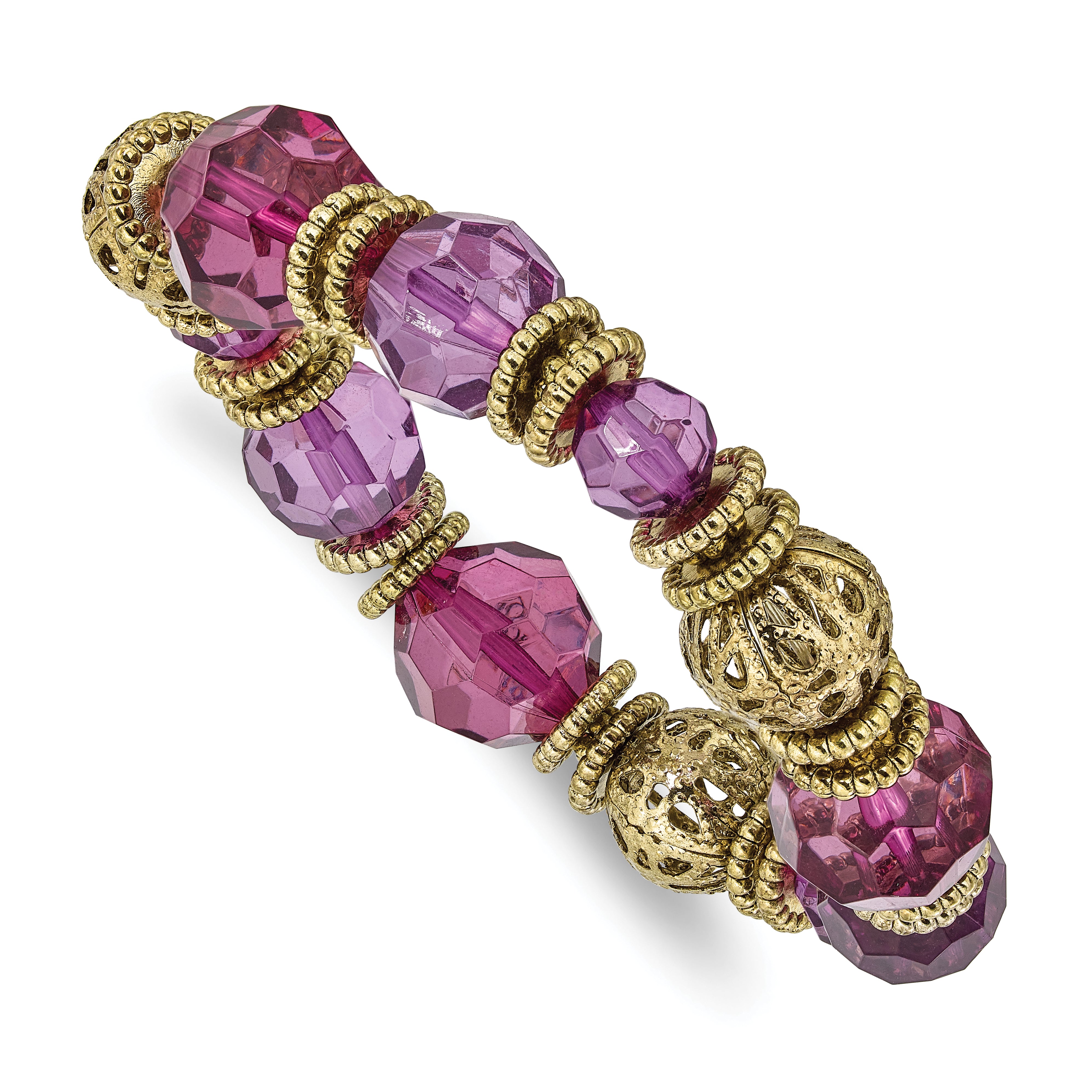 1928 Jewelry Gold-tone Textured Patterned Beads and Purple Faceted Acrylic Beads Stretch Bracelet