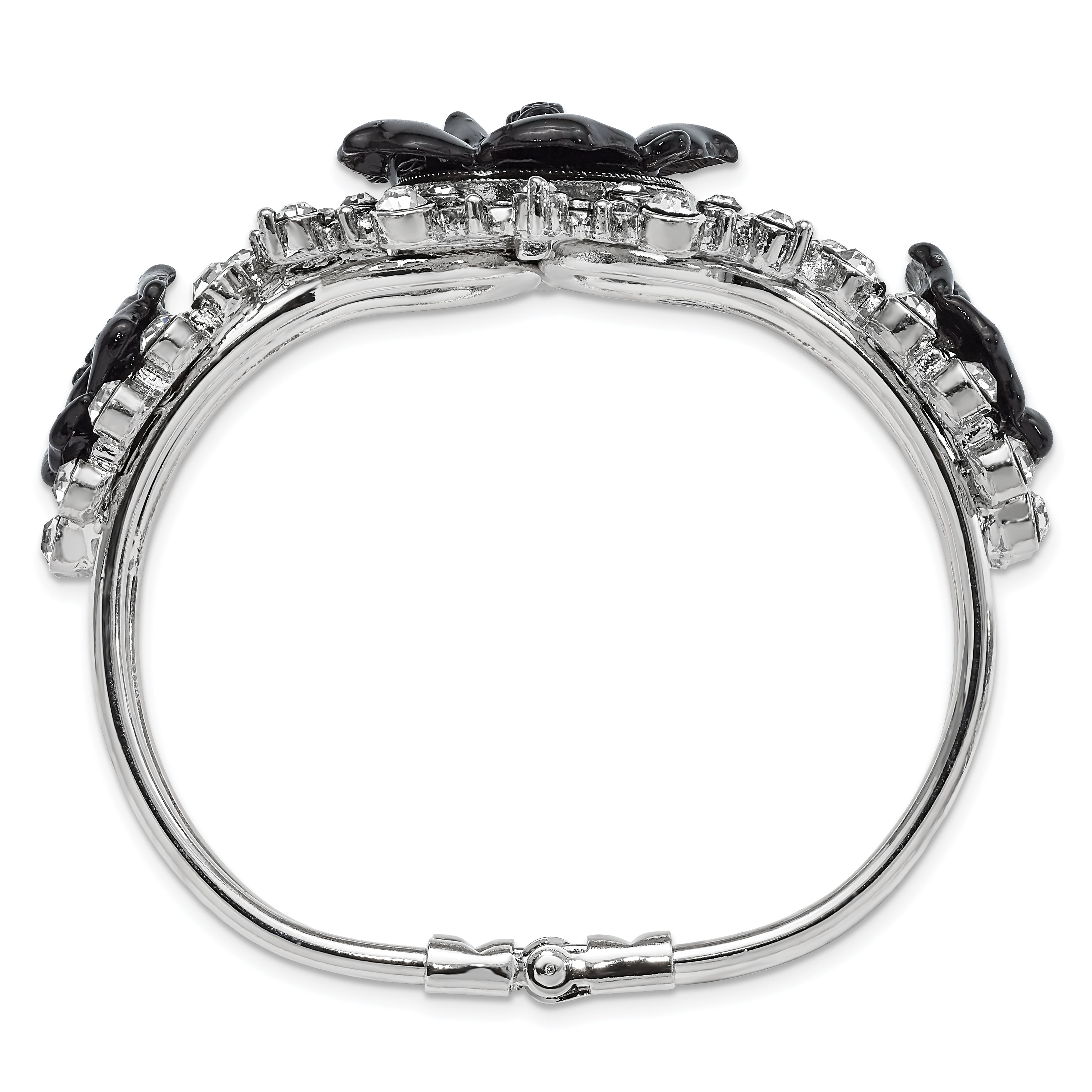 1928 Silver-tone Black Flowers & Clear Crystal Hinged Bracelet