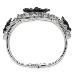 1928 Silver-tone Black Flowers & Clear Crystal Hinged Bracelet