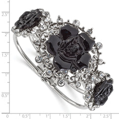 1928 Silver-tone Black Flowers & Clear Crystal Hinged Bracelet