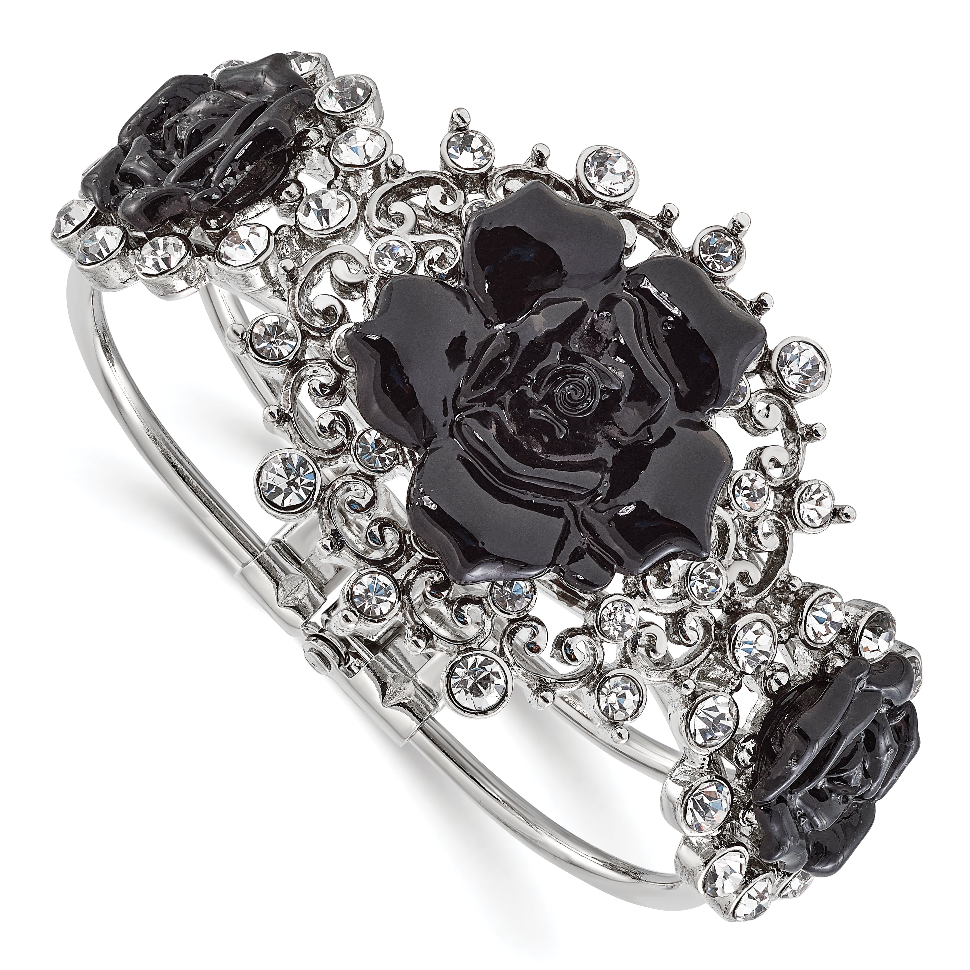 1928 Silver-tone Black Flowers & Clear Crystal Hinged Bracelet