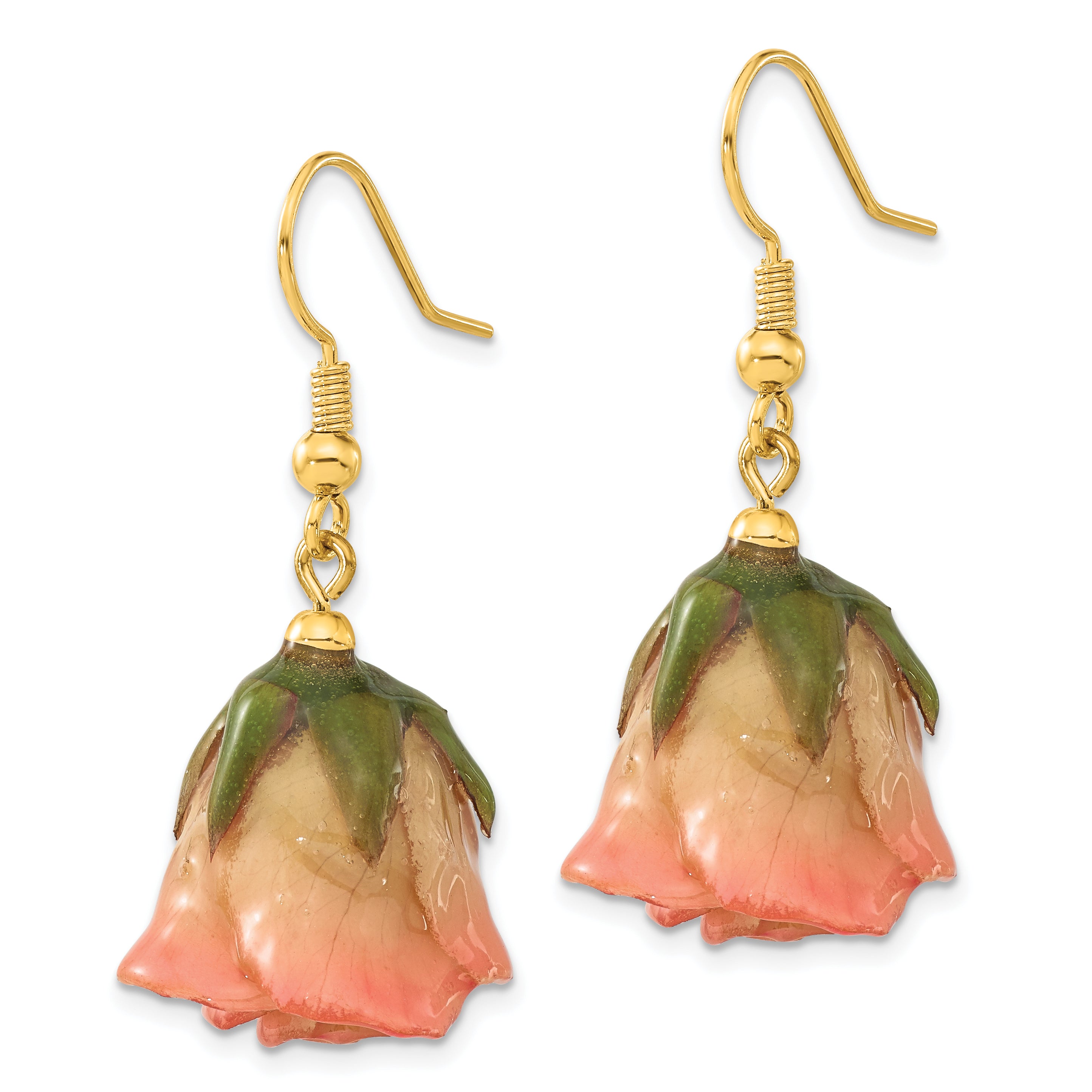 Lacquer Dipped Cream and Pink Real Rose Gold-tone Dangle Earrings