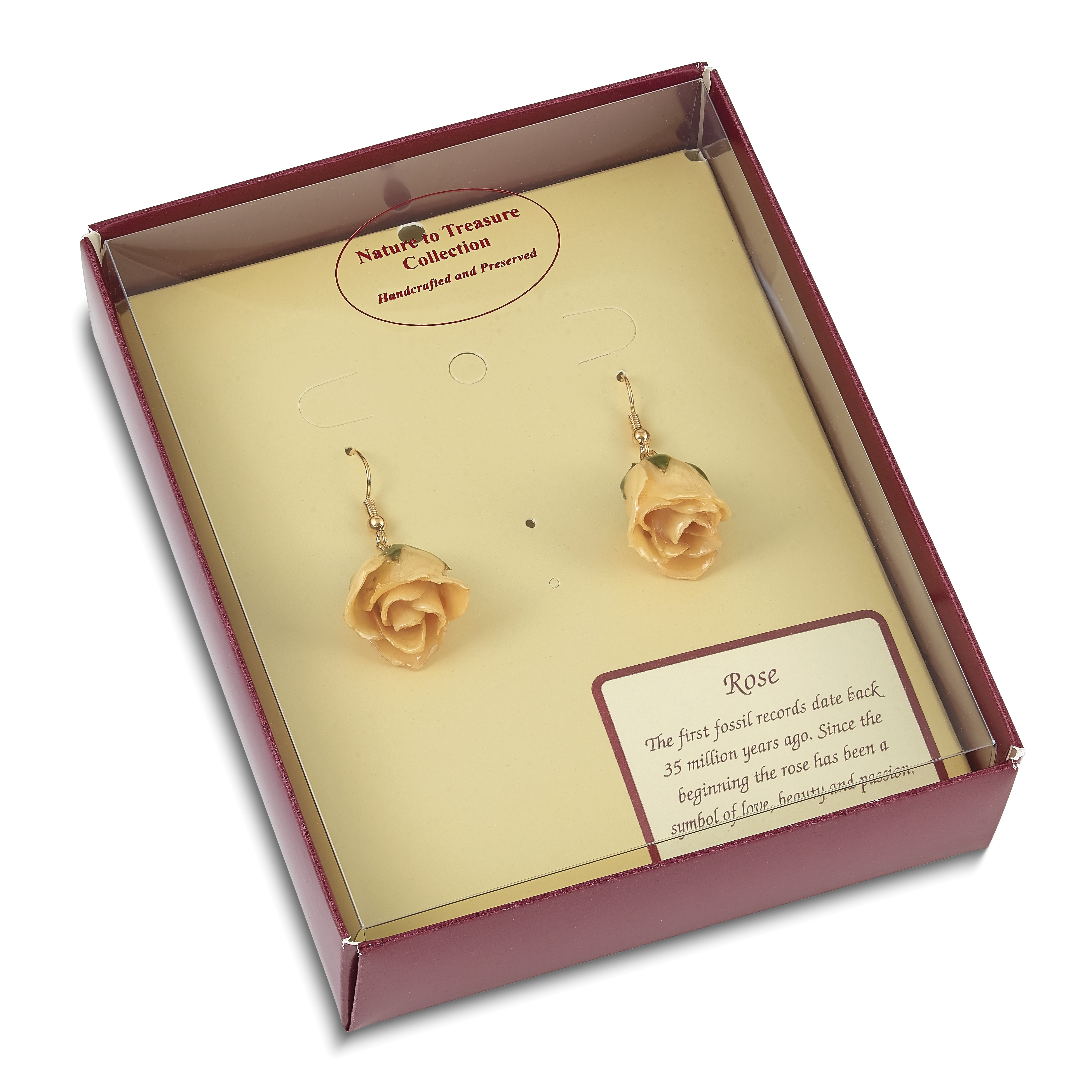 Lacquer Dipped White Rose Drop Earrings with Gold-Tone Accents Gift Ready