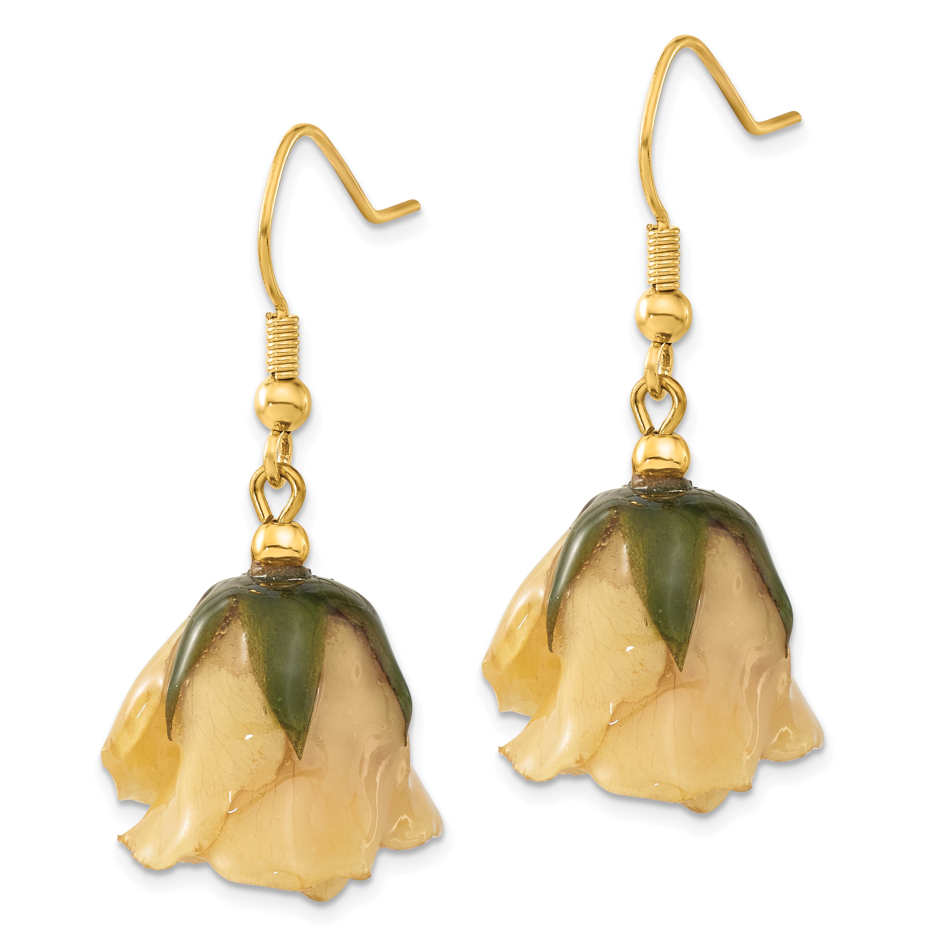 Lacquer Dipped White Rose Drop Earrings with Gold-Tone Accents Gift Ready